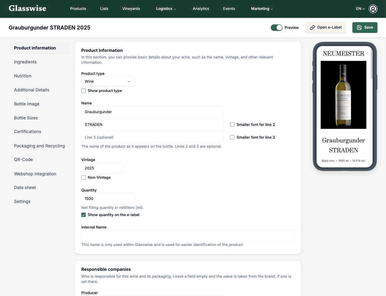Glasswise e-label editor